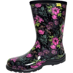 Women's Pink Black Print Waterproof Mid Calf Rubber Garden Comfort Insole Boot